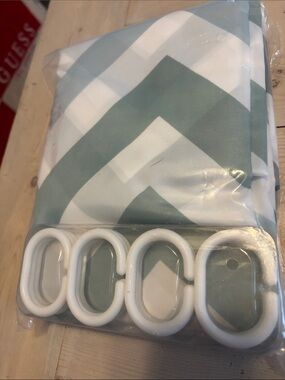 Chevron Shower Curtain with Hooks - White and Sage like new opened never used